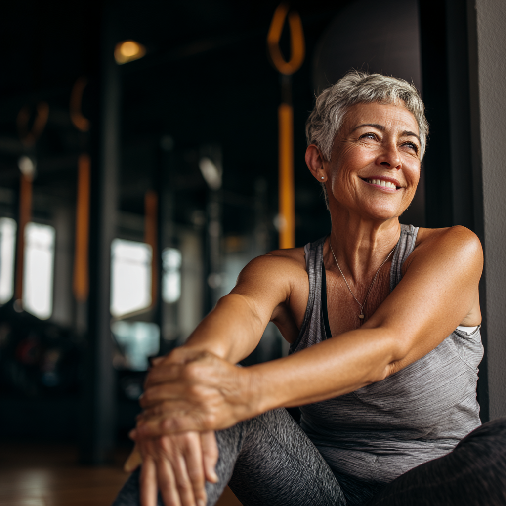 Happy elderly European woman doing light stretching exercises in a bright room, demonstrating energy and vitality